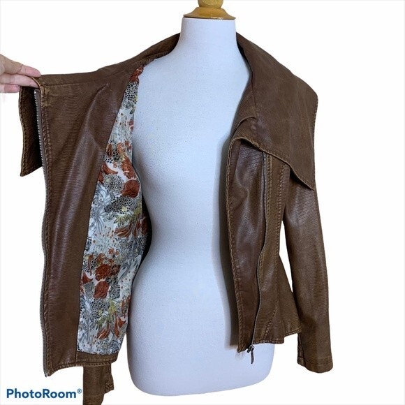 JOUJOU Brown Faux Leather Moto Jacket - Medium - Picture 10 of 10